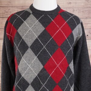 JOS A BANK LAMBSWOOL WOOL BLEND GREY RED ARGYLE PULLOVER SWEATER MENS SZ M